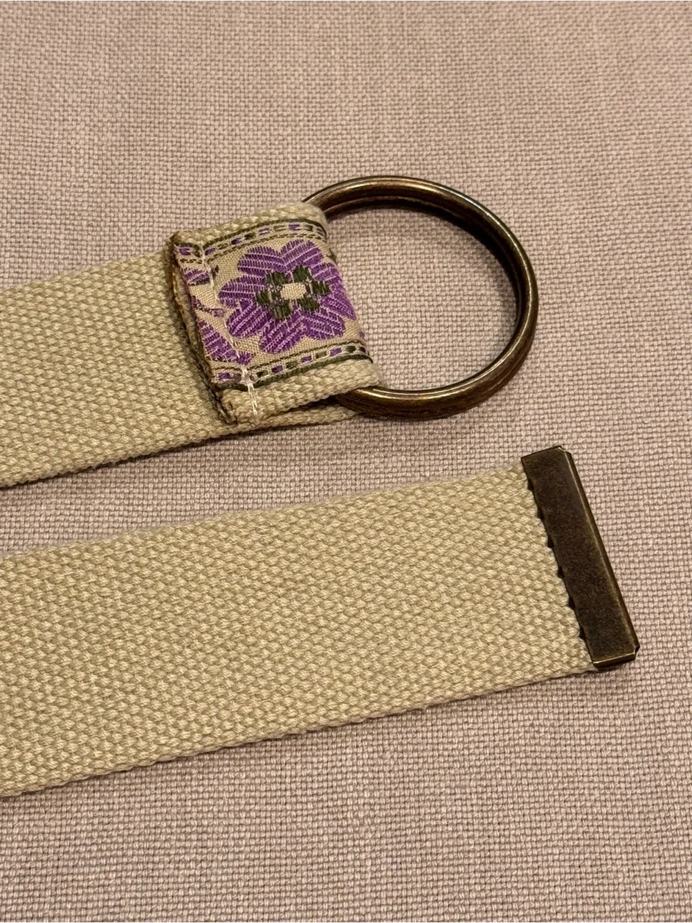 Vintage Floral Woven Jacquard Canvas D-Ring Belt Purple Green Folk Cottagecore